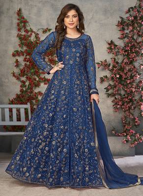 Blue embroidered net anarkali suit 1