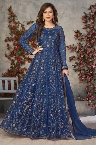 Blue embroidered net anarkali suit