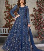 Blue embroidered net anarkali suit