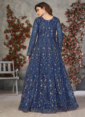 Blue embroidered net anarkali suit 2