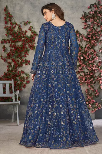 Blue embroidered net anarkali suit
