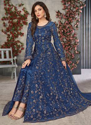 Blue embroidered net anarkali suit 3