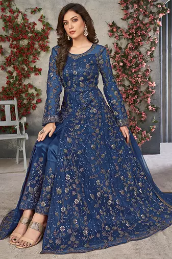 Blue embroidered net anarkali suit