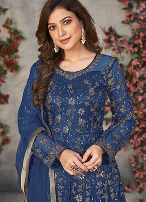 Blue embroidered net anarkali suit 4