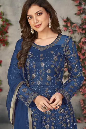Blue embroidered net anarkali suit