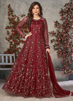 Red embroidered net anarkali suit 1