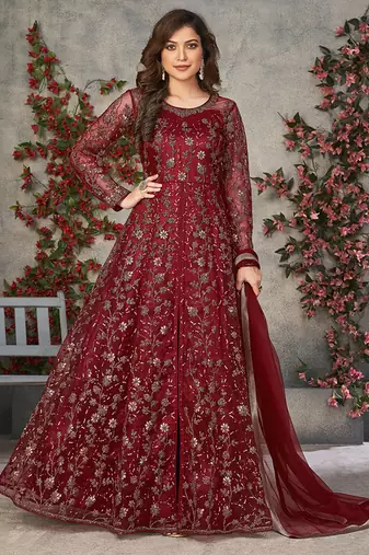 Red embroidered net anarkali suit