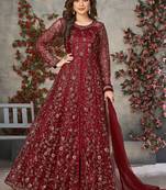 Red embroidered net anarkali suit