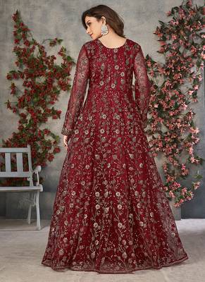 Red embroidered net anarkali suit 2
