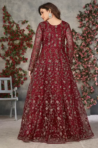 Red embroidered net anarkali suit