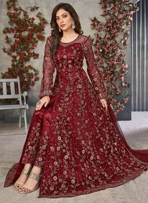 Red embroidered net anarkali suit 3