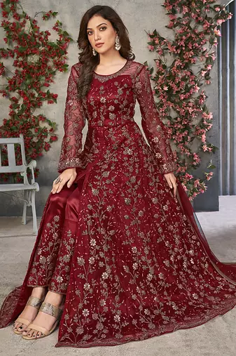 Red embroidered net anarkali suit