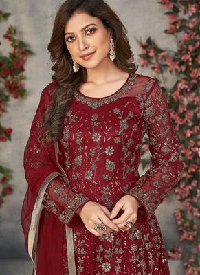 Red embroidered net anarkali suit 4