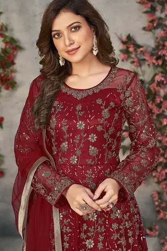 Red embroidered net anarkali suit