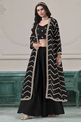Black embroidered zari work silk palazzo suits