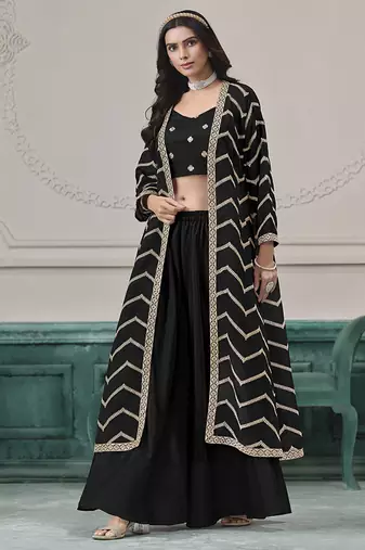 Black embroidered zari work silk palazzo suits