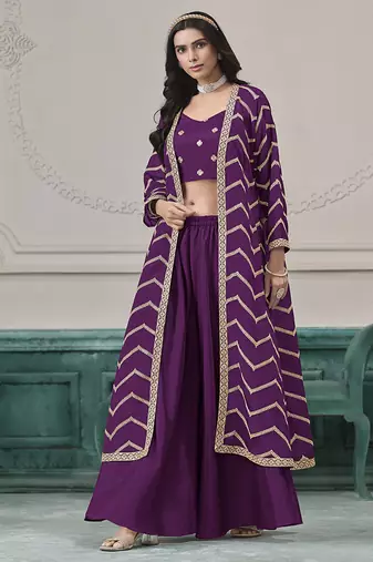 Purple embroidered zari work silk palazzo suits