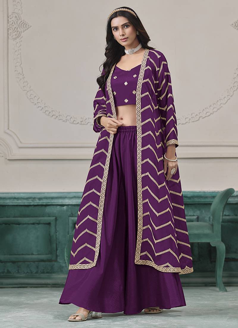 Purple embroidered zari work silk palazzo suits