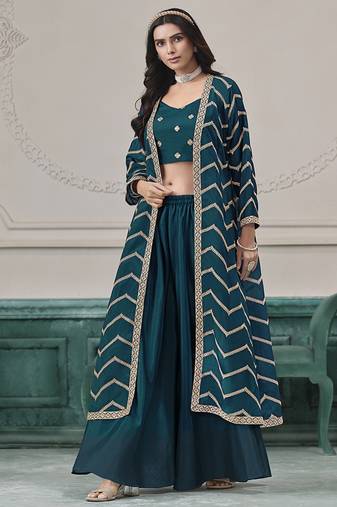 Teal-blue embroidered zari work silk palazzo suits