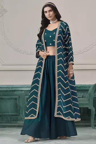 Teal-blue embroidered zari work silk palazzo suits