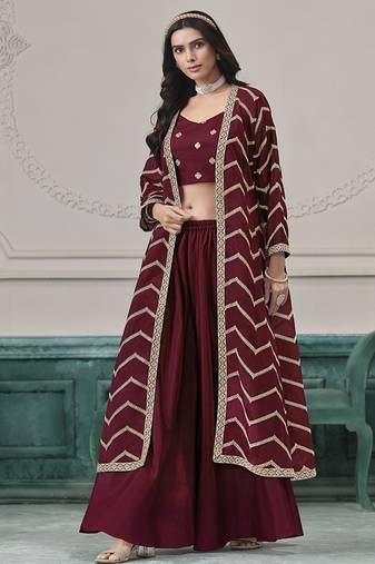 Maroon embroidered zari work silk palazzo suits