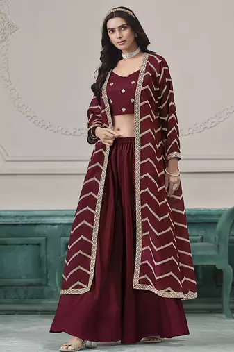 Maroon embroidered zari work silk palazzo suits