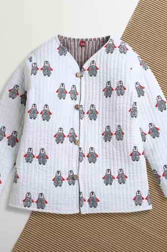 White multicolor hand screen printed reversible jacket set of 1