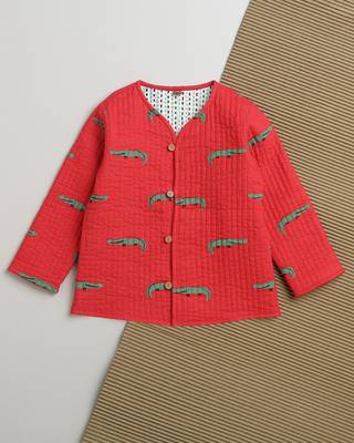 Red green hand screen printed reversible jacket set of 1 1