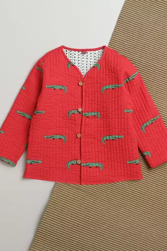 Red green hand screen printed reversible jacket set of 1