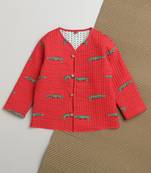 Red green hand screen printed reversible jacket set of 1