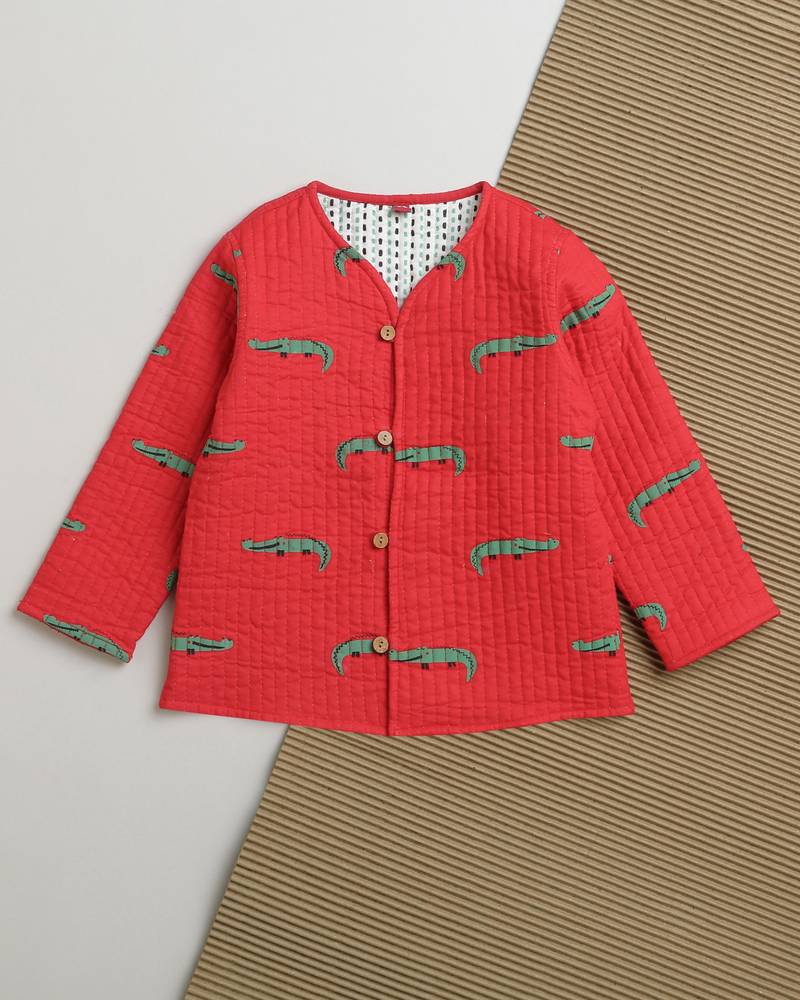 Red green hand screen printed reversible jacket set of 1