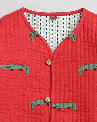 Red green hand screen printed reversible jacket set of 1 3