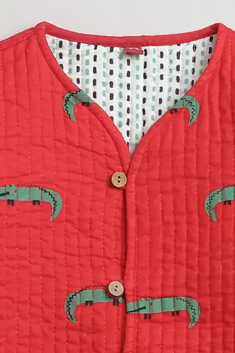 Red green hand screen printed reversible jacket set of 1