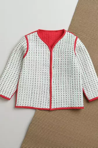 Red green hand screen printed reversible jacket set of 1