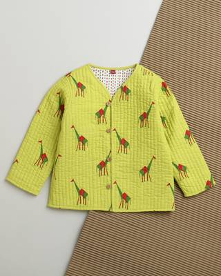 Green multicolor hand screen printed reversible jacket set of 1 1