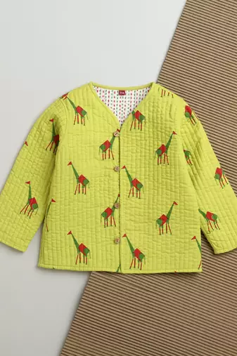 Green multicolor hand screen printed reversible jacket set of 1