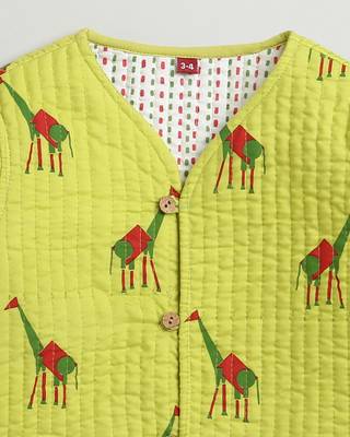 Green multicolor hand screen printed reversible jacket set of 1 2