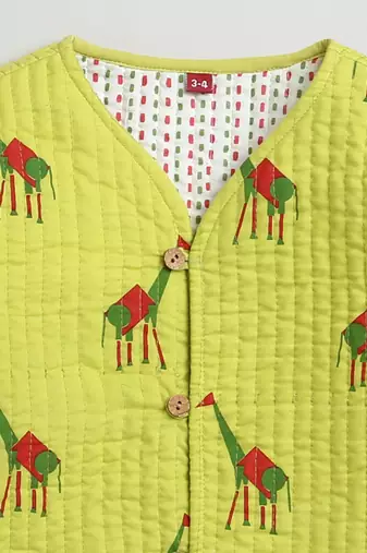 Green multicolor hand screen printed reversible jacket set of 1