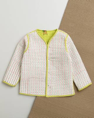 Green multicolor hand screen printed reversible jacket set of 1 4