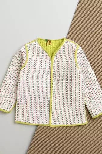 Green multicolor hand screen printed reversible jacket set of 1