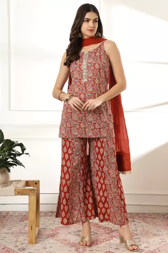 Yufta cotton rust kurta sharara set