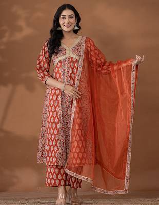 cotton rust anarkali ethnic motifs kurta dupatta set 1