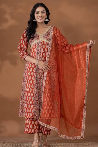 Yufta cotton rust anarkali ethnic motifs kurta dupatta set