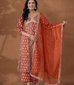 cotton rust anarkali ethnic motifs kurta dupatta set
