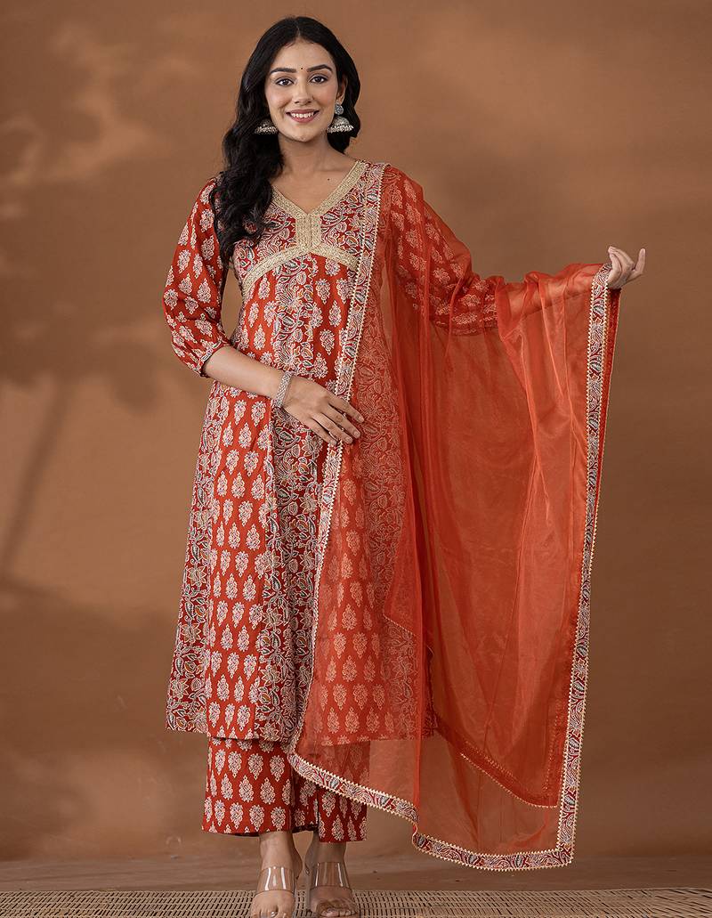 Yufta cotton rust anarkali ethnic motifs kurta dupatta set