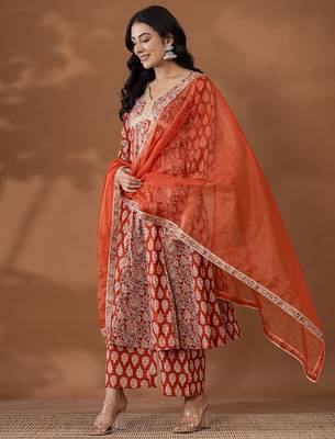 cotton rust anarkali ethnic motifs kurta dupatta set 2