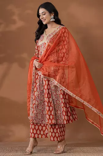 cotton rust anarkali ethnic motifs kurta dupatta set