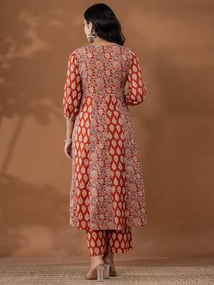 cotton rust anarkali ethnic motifs kurta dupatta set 3