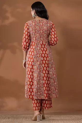 cotton rust anarkali ethnic motifs kurta dupatta set