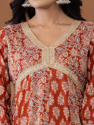 cotton rust anarkali ethnic motifs kurta dupatta set 4